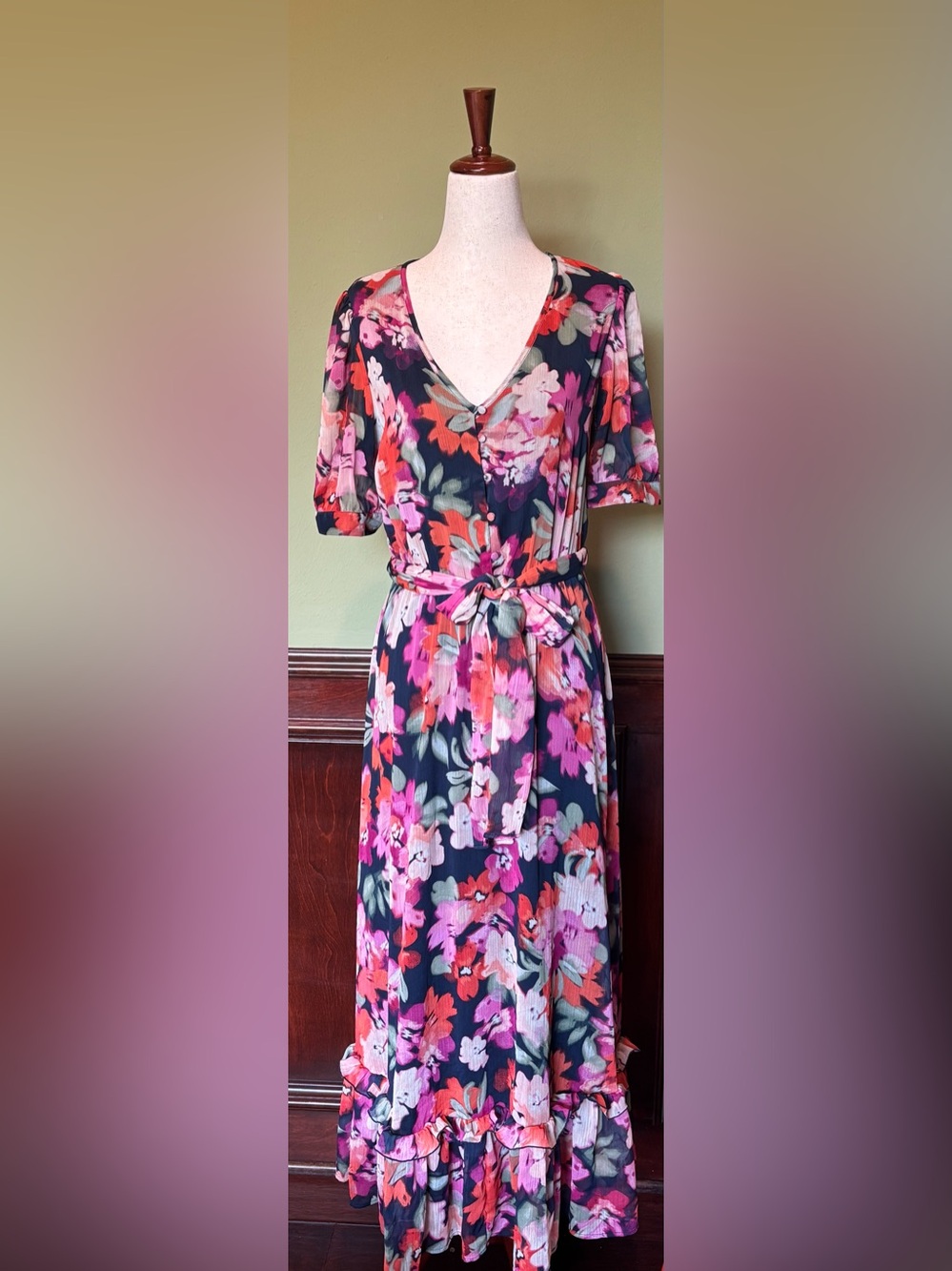 Calvin Klein Pink & Navy Floral Maxi Dress with Tie Waist